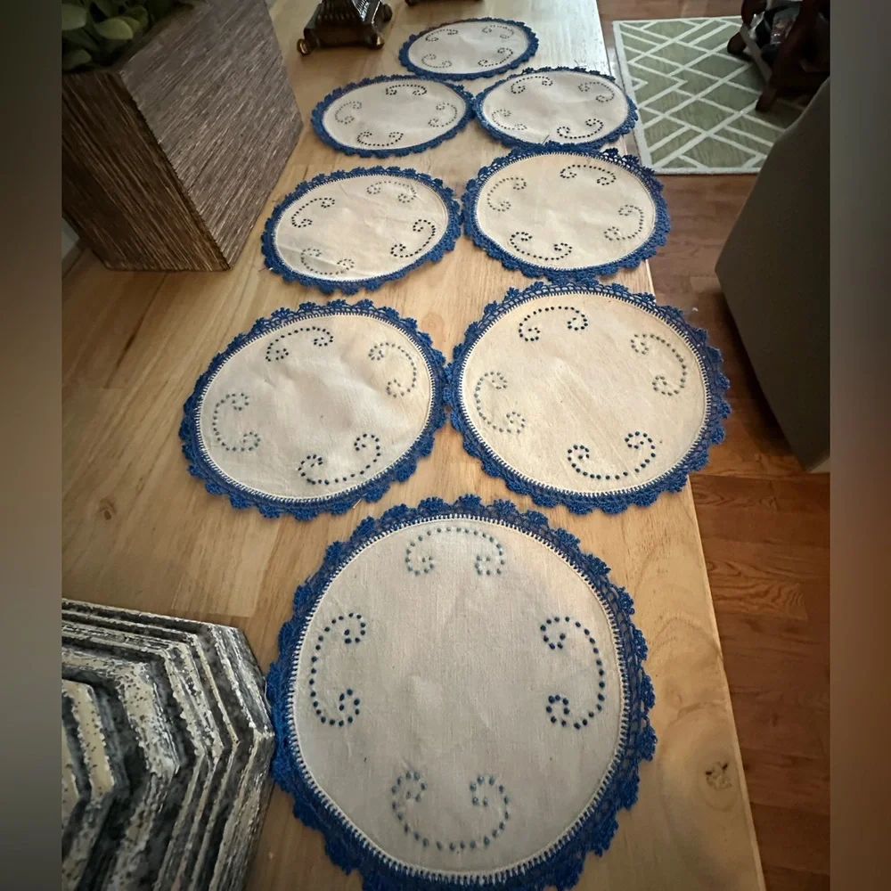 Handmade crochet  “C” embroidered doily bundle of 8. Coaster, cup mat,‎ doily.